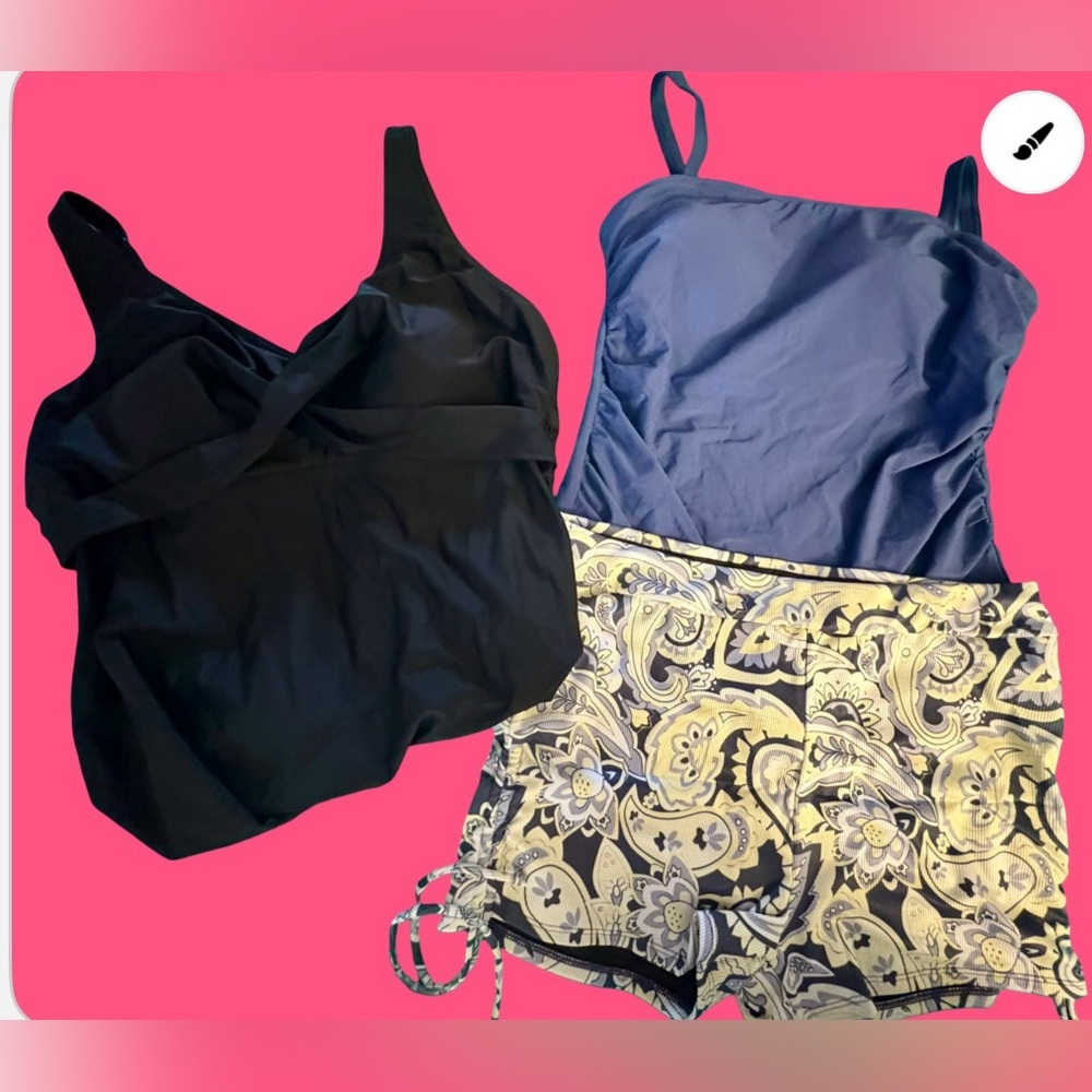 New- Xl. 2 Tankini Tops Black/Blue Matching Paisley Boy Shorts Swim Bottoms